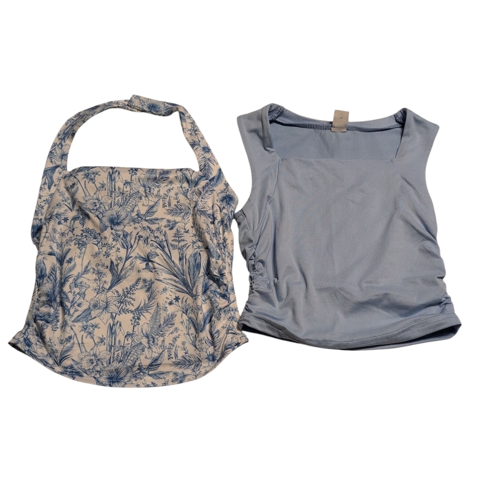Trendy Blue & Floral Crop Tank Tops